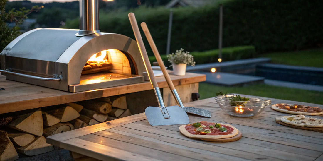 Two long handle pizza peels with fresh pizzas next to an outdoor pizza oven.