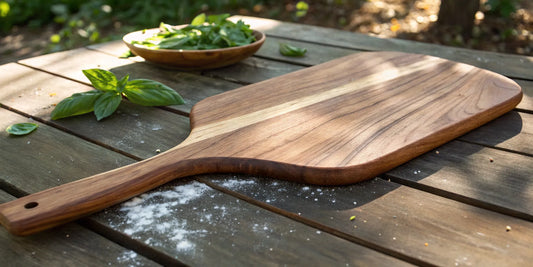 A wooden pizza peel dusted with flour, ready for a perfect pizza launch.