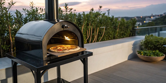 A steel freestanding wood-fired pizza oven in black baking a pizza.