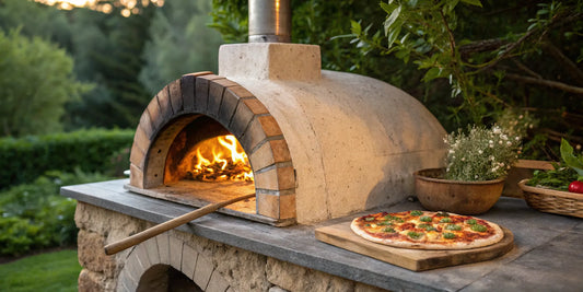 A fresh pizza sits next to an authentic wood fired oven with a fire burning inside.