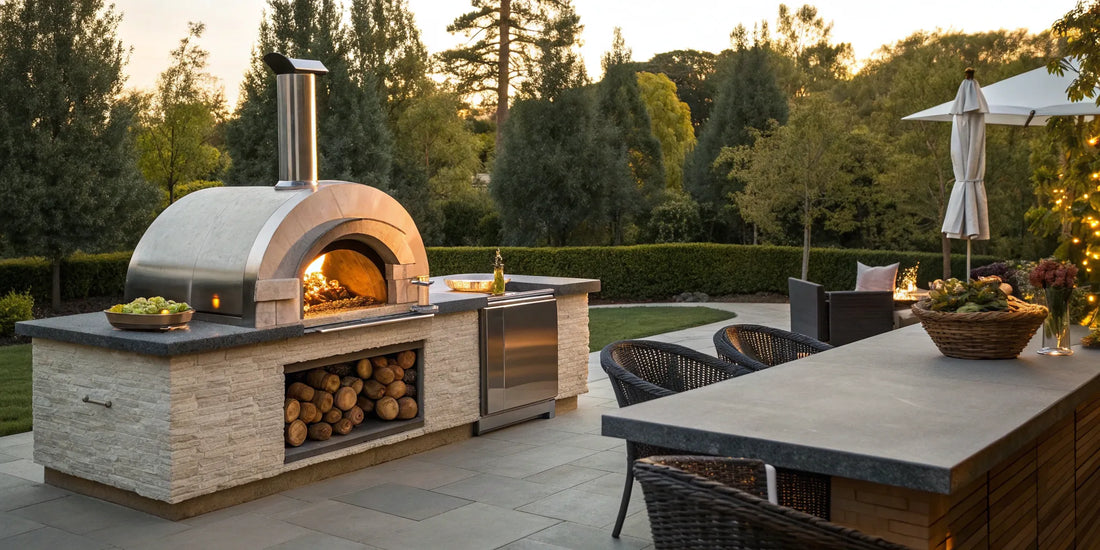 An Alfa Forni outdoor oven installed in a modern backyard kitchen with wood storage.