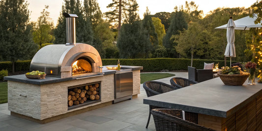 An Alfa Forni outdoor oven installed in a modern backyard kitchen with wood storage.
