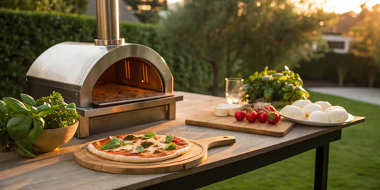 Authentic pizza oven cooking a classic Margherita pizza outdoors.