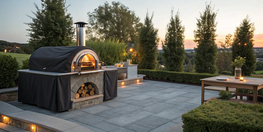 A fitted black cover protecting an outdoor pizza oven.