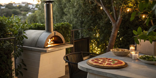 A pizza baking on a stone in a wood-fired outdoor oven.