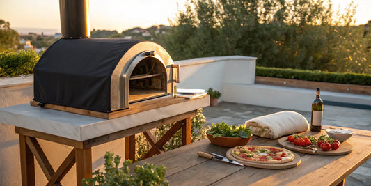 A black pizza oven cover replacement protecting an outdoor oven on a patio.