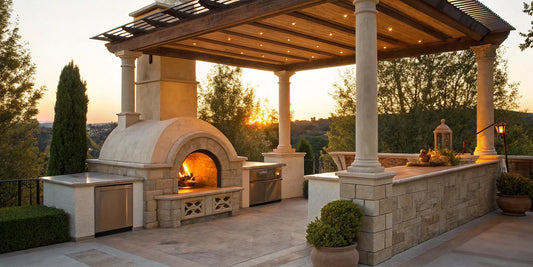 Outdoor pizza oven with a protective cover.
