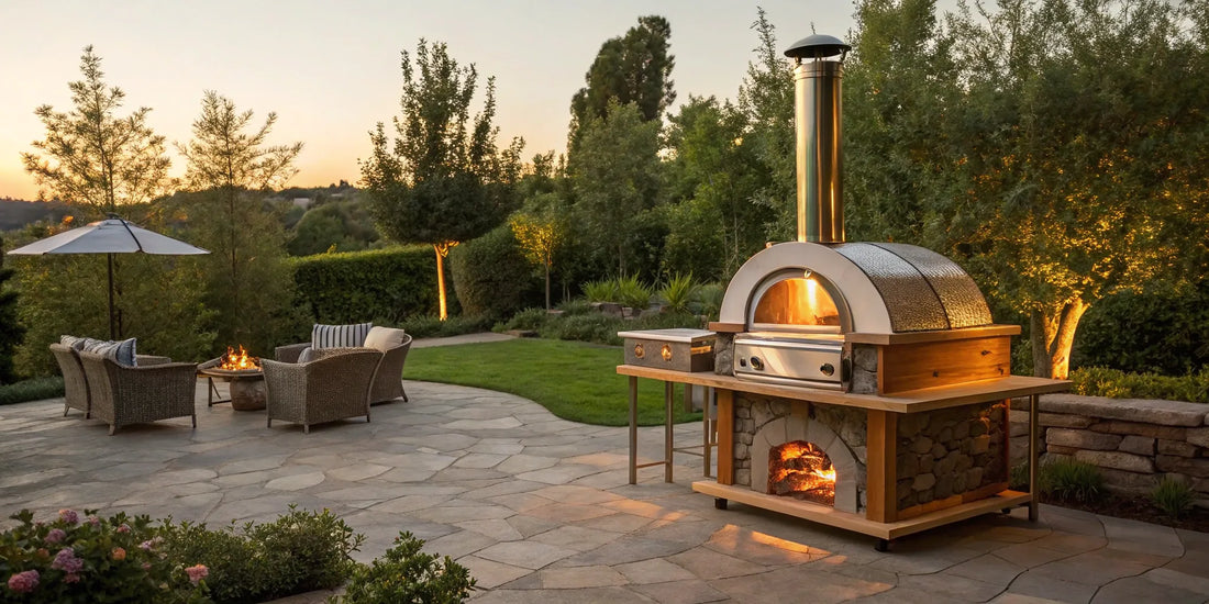 A fitted cover protecting a wood fired pizza oven with a chimney.