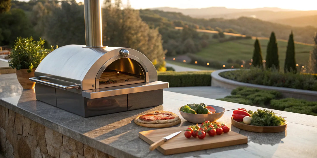 A hybrid pizza oven cooking a fresh pizza on an outdoor countertop.