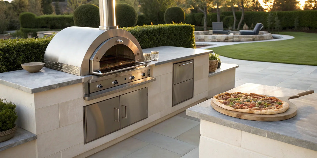 Modern built in outdoor pizza oven in a backyard kitchen with a fresh pizza.