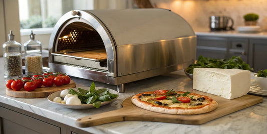 A countertop dual fuel pizza oven with a freshly baked pizza on a kitchen counter.