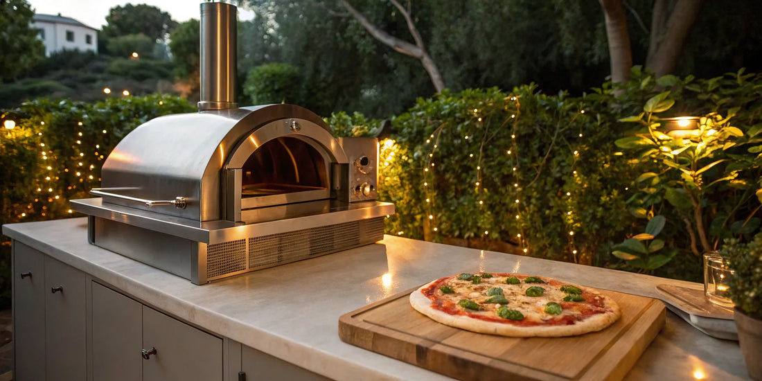 Outdoor dual fuel pizza oven on a countertop with a freshly baked pizza.