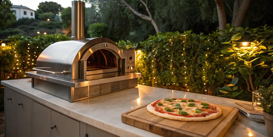 Outdoor dual fuel pizza oven on a countertop with a freshly baked pizza.