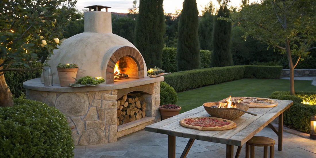 A freestanding wood fired pizza oven making pizzas in a backyard.