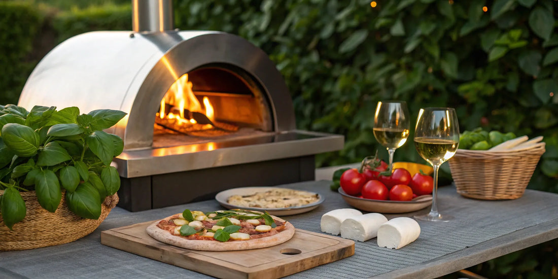 A black metal pizza oven stand holding a portable pizza oven on an outdoor patio.