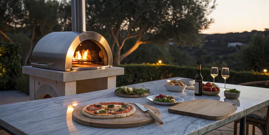 A pizza oven accessory kit with tools displayed next to a fresh pizza and an outdoor oven.