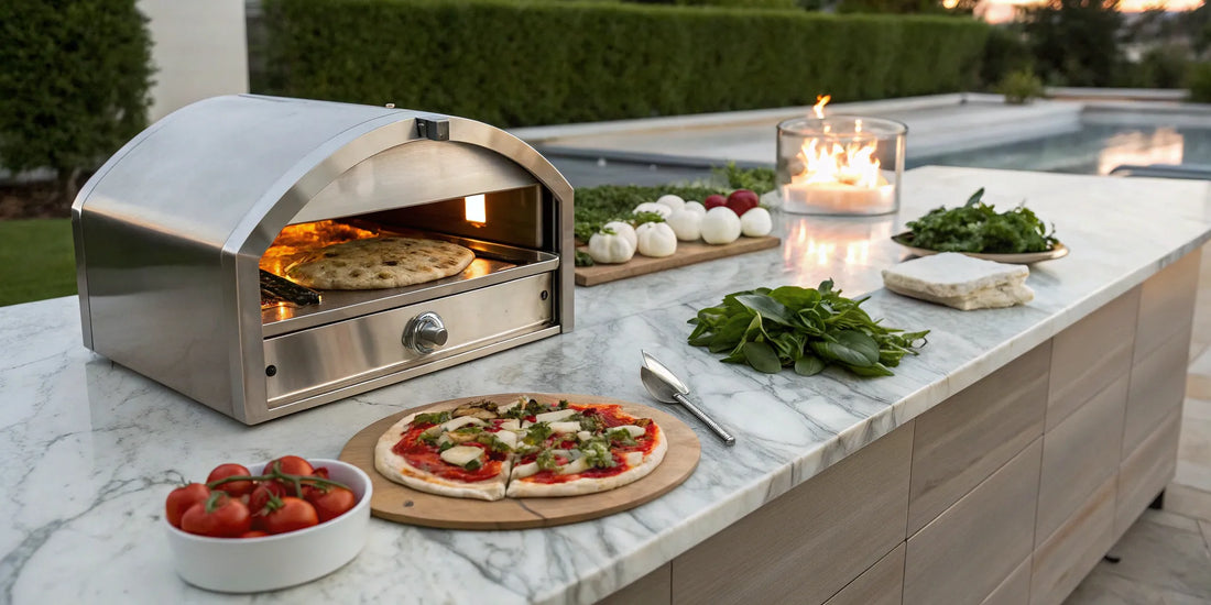 Professional stainless steel pizza oven cooking a pizza on an outdoor counter.
