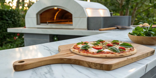 A wooden pizza peel holding a homemade pizza in front of an outdoor pizza oven.