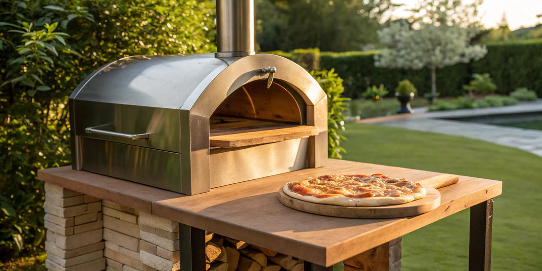 A homemade pizza with a golden, crispy crust baking on a pizza steel.
