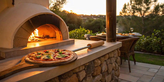 A hot pizza with bubbling cheese on a pizza stone from a sale.
