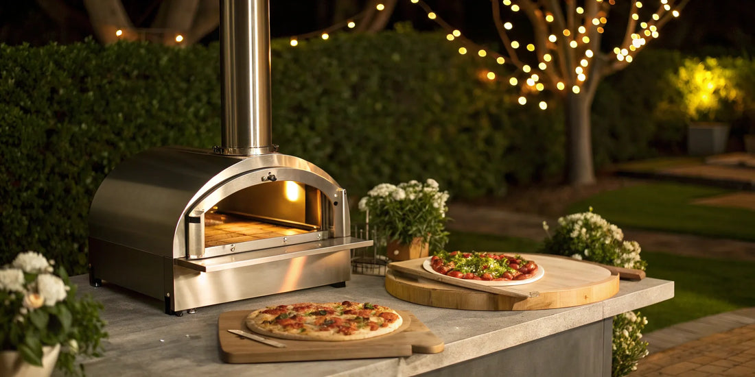 Premade pizza dough and an outdoor pizza oven kit with fresh pizzas on a counter.