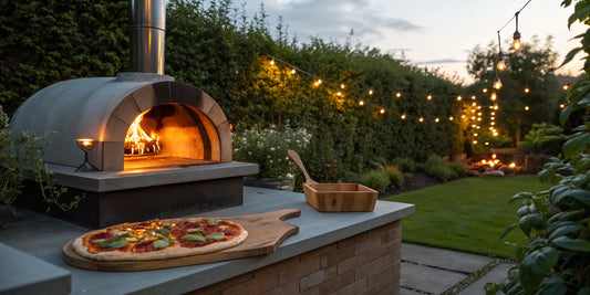 Outdoor wood fired Italian pizza oven with a fresh pizza on a peel.