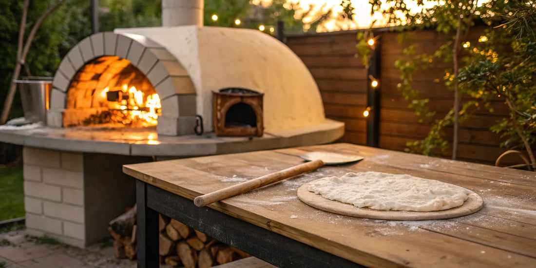 A wooden pizza peel launching a pizza into a hot wood fired oven.