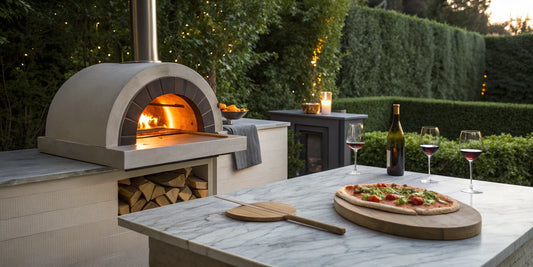 A modern wood fired pizza oven with a burning fire and a freshly cooked pizza.