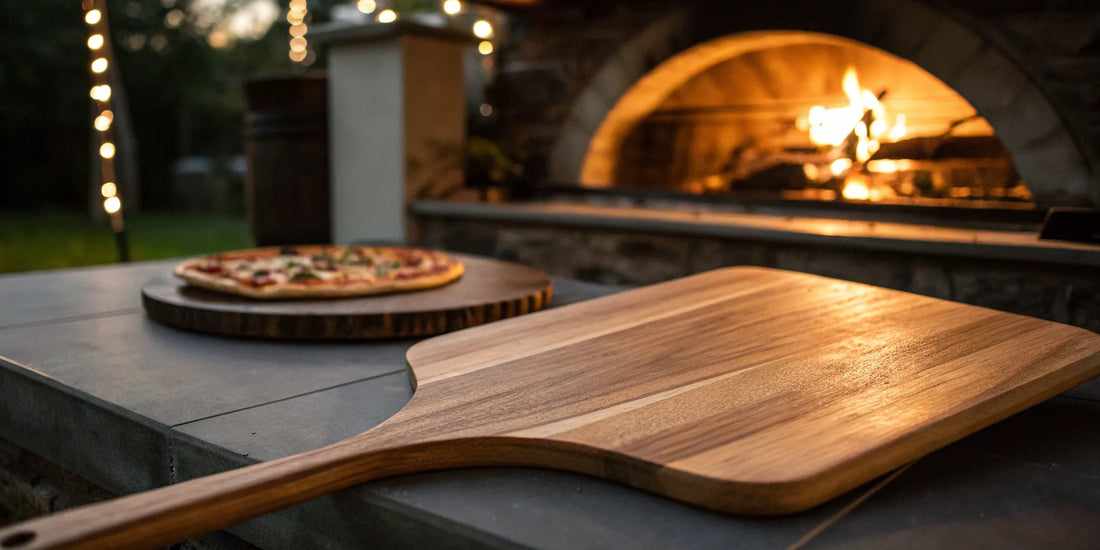A long-handled wooden pizza peel next to a fresh pizza and a wood-fired oven.