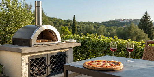 An outdoor pizza oven for sale, shown on a patio with a freshly baked pizza.