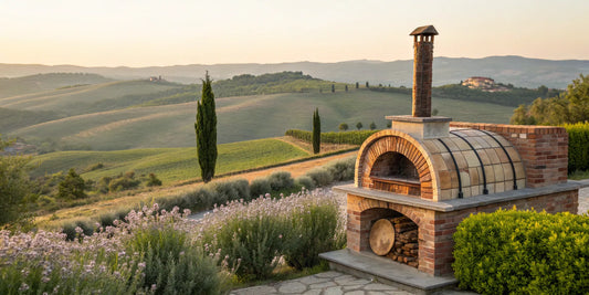 A brick wood-fired pizza oven crafted by top manufacturers in Italy.
