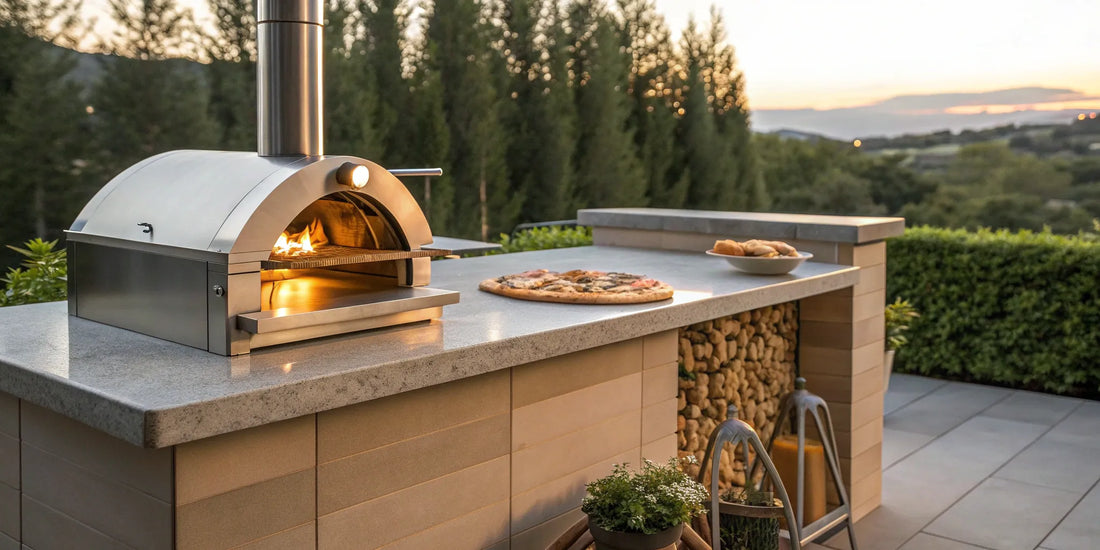 A hybrid pizza oven using both wood and gas to cook a perfect pizza on an outdoor counter.