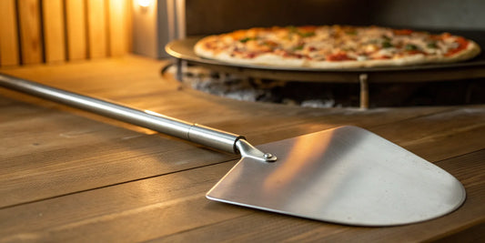 A round metal turning peel for rotating pizza inside a hot oven.