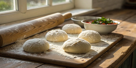 Pizza dough balls on a floured board, ready to use after finding where to buy the best frozen dough.
