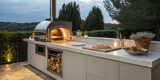 Outdoor pizza oven with a closed door, keeping heat in for the perfect pizza.