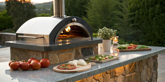A classic wood-fired Italian pizza oven with fresh ingredients for making pizza.