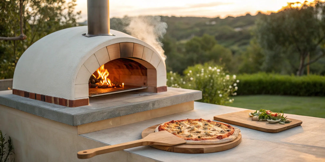A wood burning pizza oven for sale in a backyard with a freshly baked pizza.