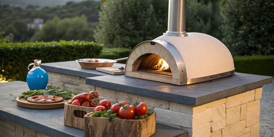 A wood fired Italian pizza oven with a glowing fire, a choice in the wood vs gas oven comparison.