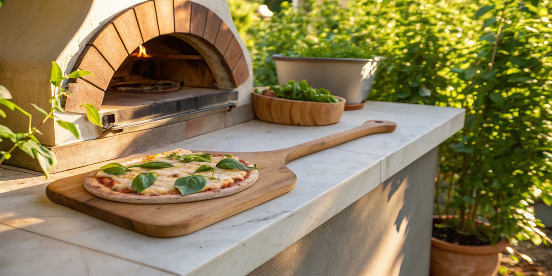 A wooden pizza peel lifting a fresh pizza from an outdoor oven.