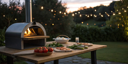 Outdoor wood fired pizza oven on a patio table with fresh ingredients.