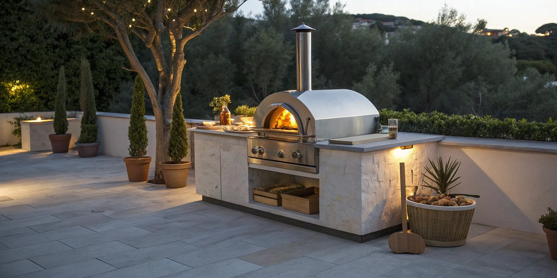 Outdoor gas pizza oven on a modern patio with a stone countertop.