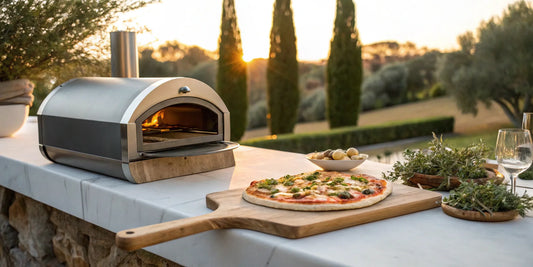 Outdoor countertop pizza oven with a freshly baked pizza on a wooden board.