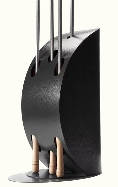Anthracite Gray ALFA Vela Peel Holder made of wood, designed to store pizza cooking tools, with a metallic peel and other utensils in it.