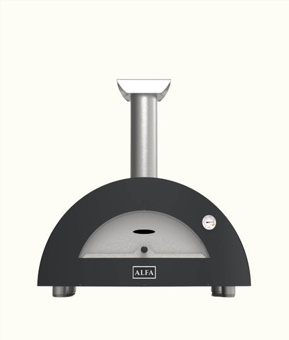 Countertop wood-burning pizza oven in black color with a visible brand logo, featuring a glass door and a metal peel holder on top.