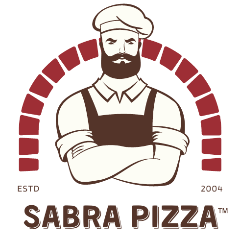 Our logo, the bearded Sabra Pizza man standing with his arms folded in front of brick pizza oven