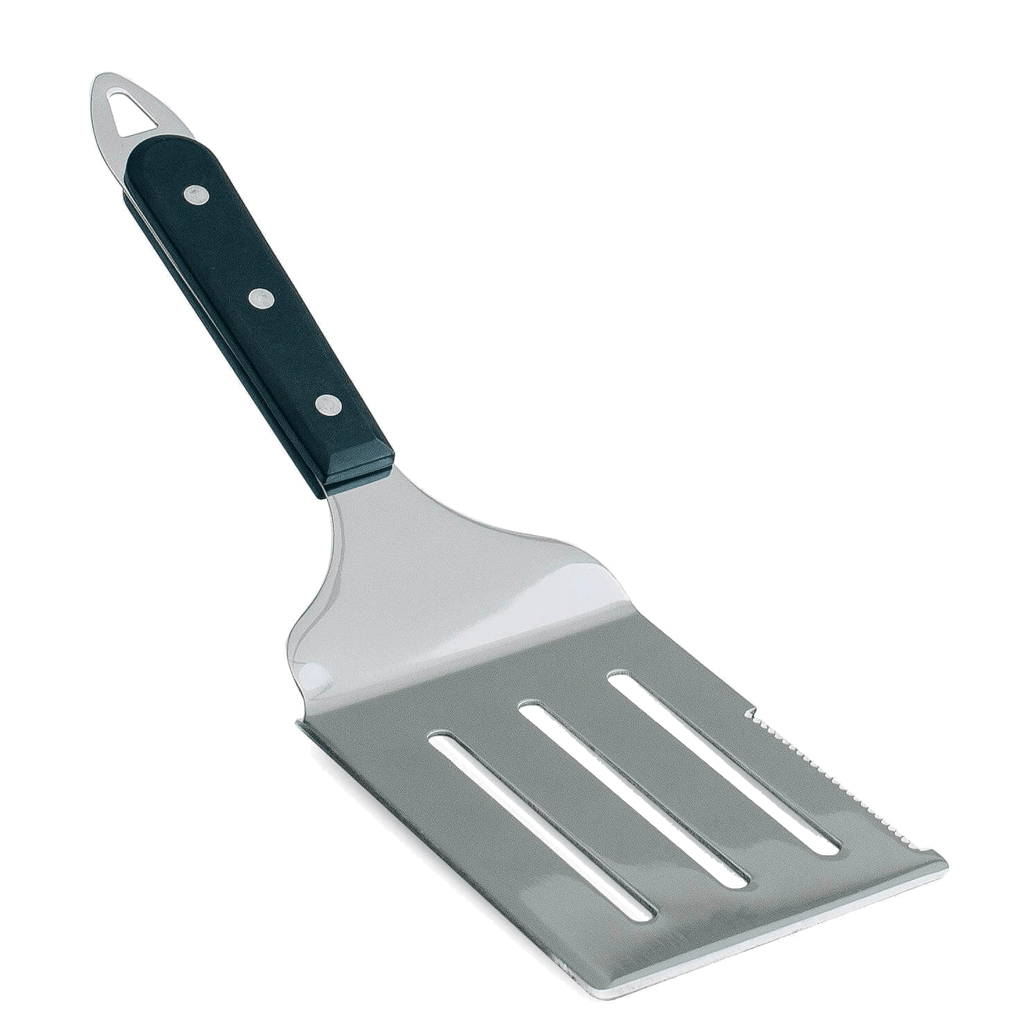Large stainless steel pizza serving spatula with a cutting edge