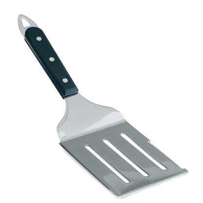 Large stainless steel pizza serving spatula with a cutting edge