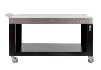 A 40" stainless steel ALFA pizza oven prep table with black legs and wheels, featuring a peel holder, bottle opener, and hooks for tools.