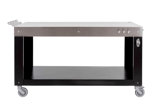 A 40" stainless steel ALFA pizza oven prep table with black legs and wheels, featuring a peel holder, bottle opener, and hooks for tools.